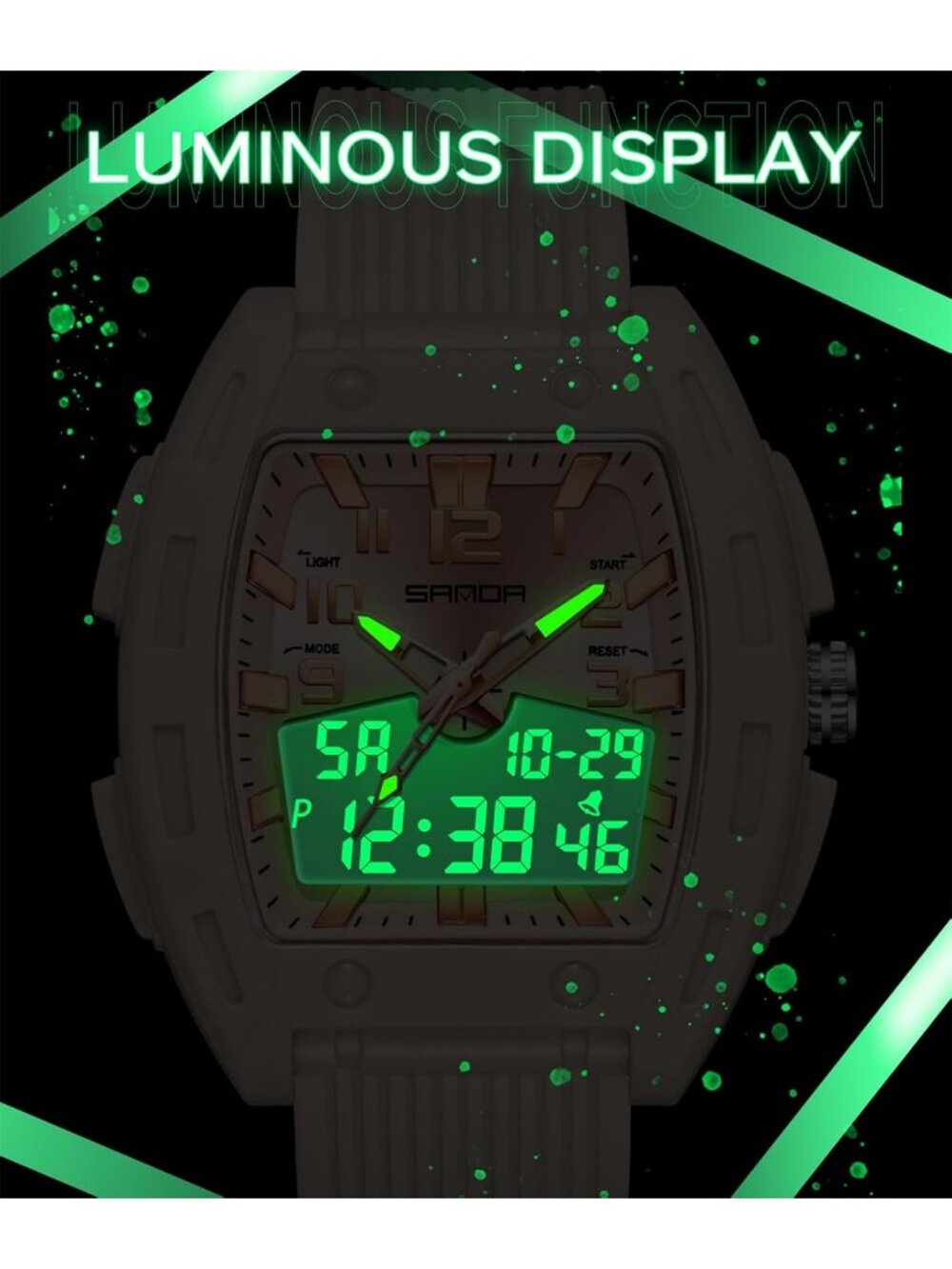 Women's Apricot Digital Analog Sports Unique Rectangle Waterproof Wrist Watches - Picture 5 of 6